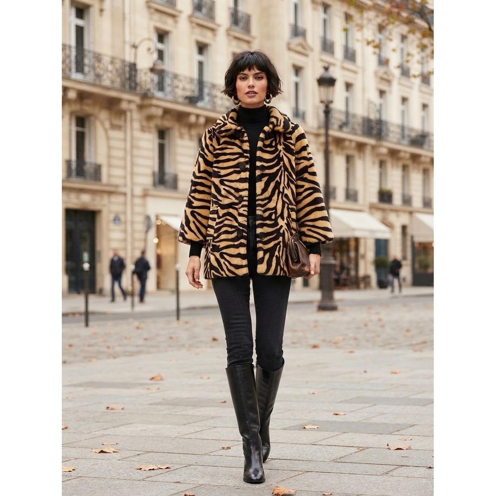 Heart Soul Mob Wife Faux Fur Animal Print Tiger Stripe Glam Coat Tan Black S